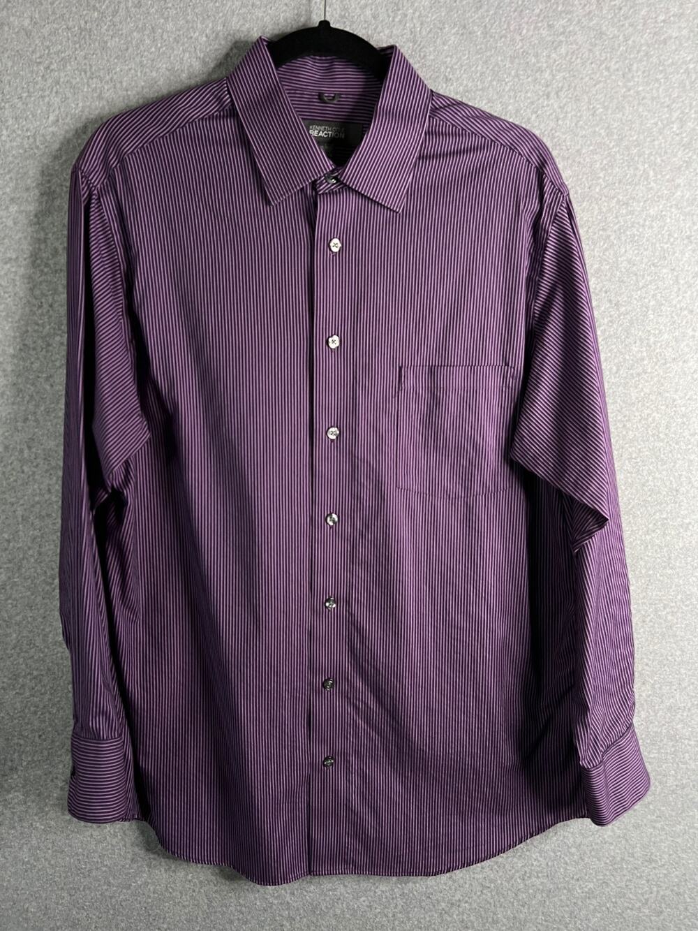 Kenneth Cole Reaction Dress Shirt Mens L 16-16.5 Purple Striped Regular Fit